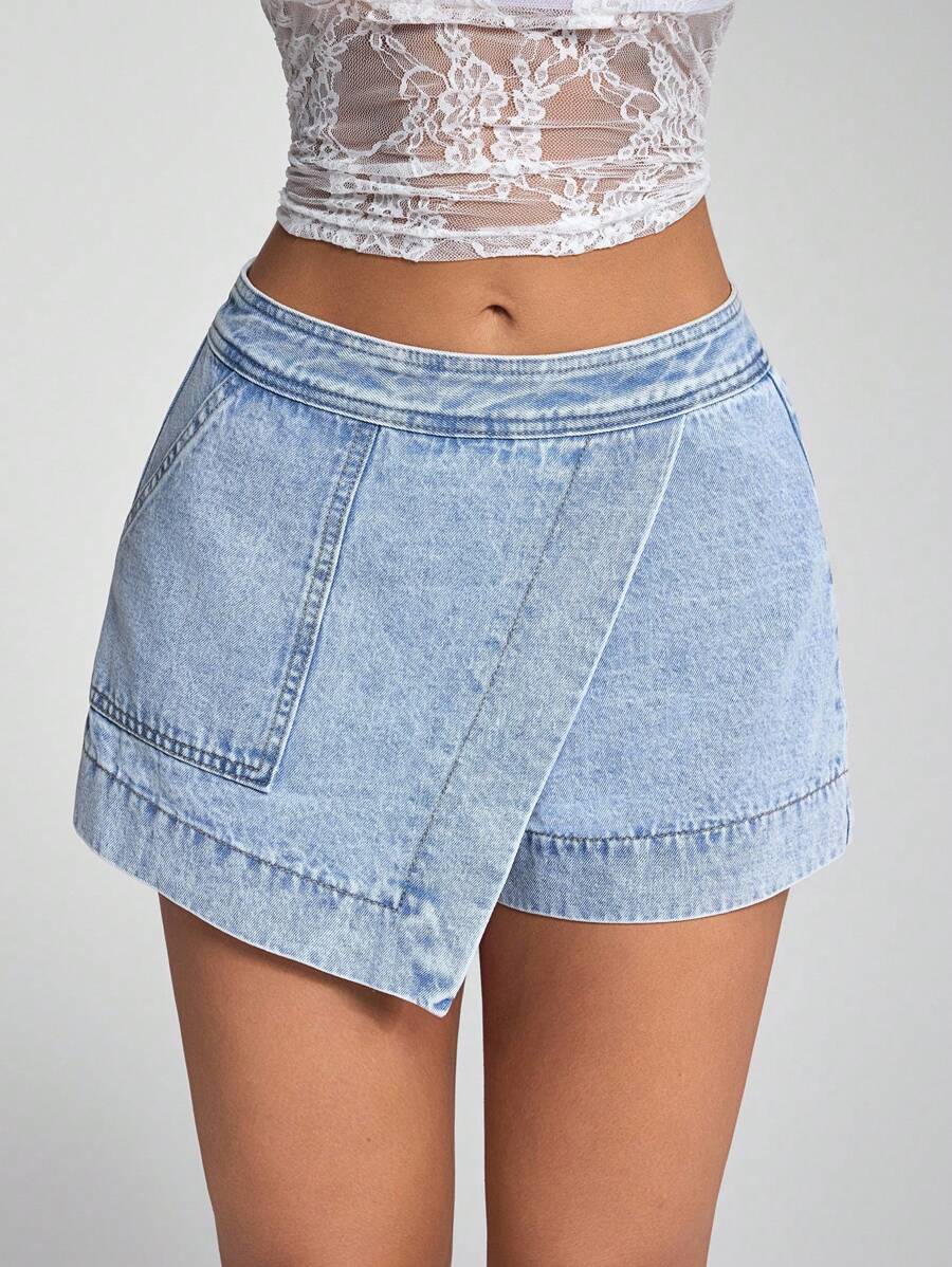 Jeanoix 浅色不对称贴袋水洗牛仔短裙 - 淺色水洗藍 - 查看 1