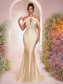 Glamrae Elegante y lujoso vestido de sirena de punto de elastano con destellos de rhinestone, apropiado para bodas, fiestas, vacaciones, bailes de graduación y eventos de noche (con adornos pesados)