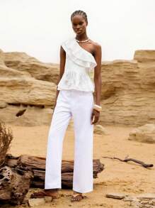 Lumivelle GuavaGirl SummerHoliday Homecoming Dress Women's All White One Shoulder Top Casual Asymmetrical Neck Woven Blouse With Ruffle Hem Detail And Regular Fit RomanticTops