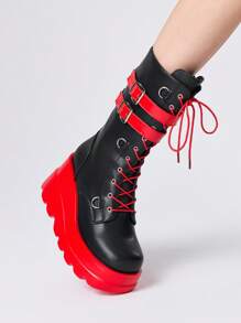 ROMWE 2-Tone Metal Eyelet Multi-Strap Round Toe Chunky Platform Mid-Calf Punk Boots, Red/Black, Daily Punk Rock Street Style - Multicolor - View 3