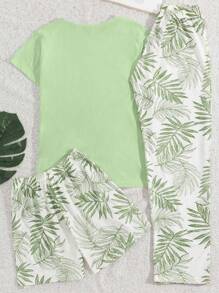 RueChic Set de 3 piezas de pijama y short de algodón con estampado floral y bolsillos para mujer