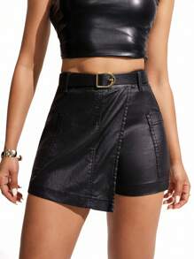 SHEIN ICON Women's Black Coated Elastic Waist Elegant Mid-Rise Pencil Skort With Belt - Black - View 1