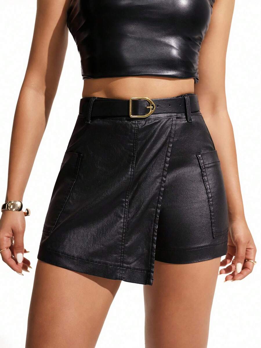 SHEIN ICON Women's Black Coated Elastic Waist Elegant Mid-Rise Pencil Skort With Belt - Black - View 1