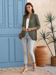 EMERY ROSE Cárdigan casual sólido de apertura frontal y manga 3/4 de estilo holgado para mujer