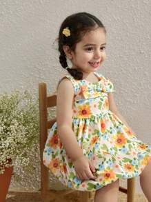 Blossori Baby Girls' Countryside Vacation Bow Decor Yellow Flower Sleeveless Dress - Multicolor - View 5