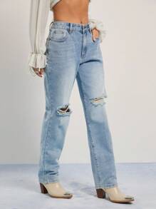 WESTFADE Pantalones vaqueros premium con pierna recta y ajustados, con roturas, sin estiramiento - Lavado ligero - Ver 4