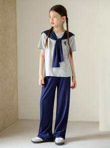 Tween Girl Casual Everyday Korean-Style T-Shirt & Pants & Shawl 3-Piece Set - Multicolor - View 3