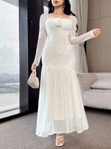 Feyla Women 3D Floral Decor Mesh Insert Long Sleeve Elegant Mid-Length Dress - White - View 4