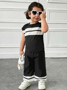SHEIN Baby Girl Black And White Striped Summer Outfit,Casual Vacation Loose Drop Shoulder Splice Contrast Color Top And Wide Leg Knit Pant Set Clothes - Black - View 3