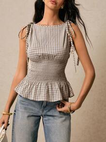 Poéselle 女士束腰格纹上衣，圆领，腰部系带，荷叶边下摆，肩部系带，吊带背心，夏季可爱Y2K风格服装 - 卡其色 - 查看 5