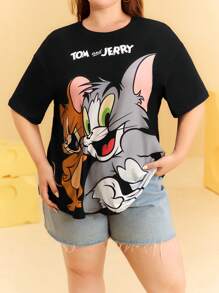 TOM & JERRY X SHEIN Plus Size  Summer  Y2K Cleanfit Casual Rave Outfits Festival  Punk Cover Up  Retro Vintage Cartoon Casual Cute Funny Black Cat Print Crew Neck Short Sleeve T-Shirt, Casual For Summer