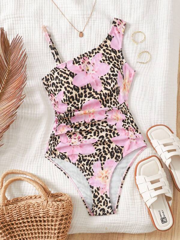SHEIN Costum de baie dintr-o singură piesă pentru fete Tween, cu imprimeu leopard și floral, ținută casual pentru plajă și vacanță