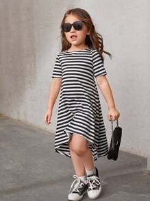 SHEIN NovaGlow Young Girl Young Girl Striped High Low Hem Tee Dress