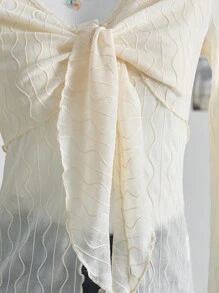 SHEIN 少女度假休闲V领蝴蝶结喇叭袖纹理面料长袖上衣 - 杏色 - 查看 3