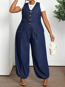 SHEIN Lady 大码休闲水洗牛仔背心和牛仔裤套装 - 深色水洗藍 - 查看 4