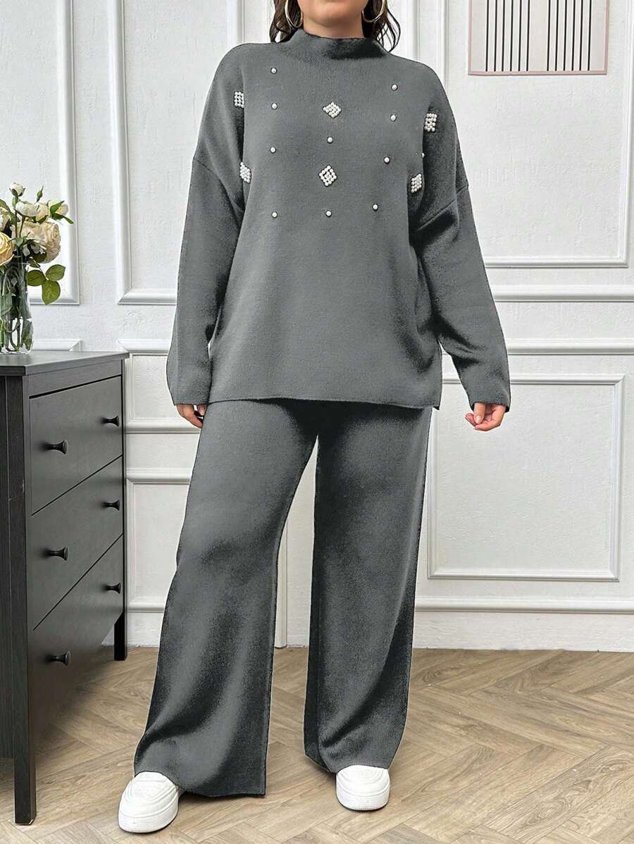 SHEIN Cottnline Women's Pearl Beaded Knit Sweater 2pcs/Set - Light Grey - View 1