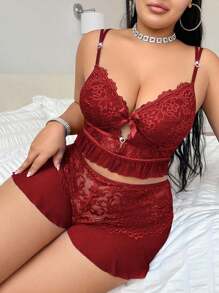 SHEIN Conjunto de pijama con encaje, parches, escote en V profundo, adorno de corazón de rhinestone y tirantes cruzados para mujer