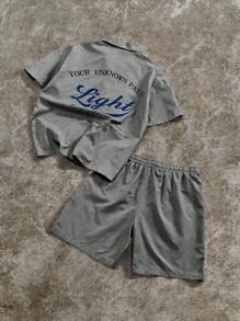 PAVTROS 2 件套男士休闲条纹字母印花短袖衬衫和短裤套装，夏季，时尚休闲，街头服饰，学院风单品，百搭翻领纽扣衬衫，适合送给男朋友的礼物，男士街头潮流衬衫，复古 T 恤男士 2 件套男士短款套装男士度假短款套装条纹短款套装男士