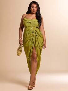 SHEIN BAE Plus Size Women Olive Green Summer Elegant Dress, Cold Shoulder Beaded Embroidered Ruched Slit Mid-Calf Wedding Guest Dress, Vintage Y2k Clothes - Green - View 4