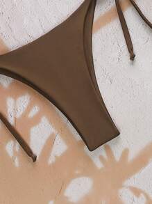 Swim Vcay Women's Summer Beach Solid Color Tie-Front Sexy Bikini Bottom - Coffee Brown - View 4