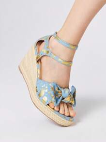 ROMWE Kawaii Bow Floral Open Toe Wedge Sandals For Women - Multicolor - View 3