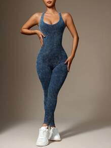 Easithlete Women's Acid Wash Criss-Cross Back Sports Jumpsuit - Blue - View 2