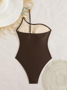 Swim Chiccia 女士夏季海滩音乐节不规则领口串珠闪光系带露背连体泳衣，优雅度假风格 - 棕色 - 查看 2