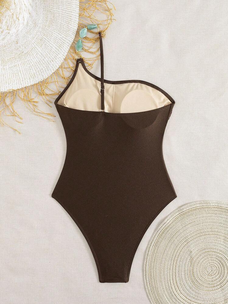 Swim Chiccia 女士夏季海滩音乐节不规则领口串珠闪光系带露背连体泳衣，优雅度假风格 - 棕色 - 查看 2