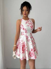 Elenzga Round Neck Random Floral Print Waist Slimming Spring/Summer Resort Sexy Backless Hollow-Out A-Line Floral Ruffle Hem Vintage Luxurious Mini Sleeveless Dress