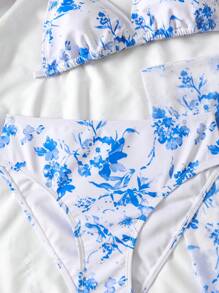 SHEIN Tween Girls 3pcs Printed Halter Bikini Set With Wrap Skirt, Suitable For Beach Vacation & Swimming - Pink - View 5