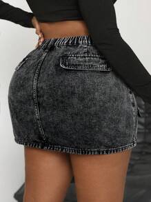 SHEIN ICON 大码女式宽松牛仔迷你裙，复古水洗休闲，工作服风格 - 黑色 - 查看 2