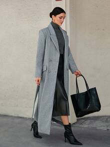 CLARA VERO Classic Casual Style Long Pockets Woolen Overcoat - Light Grey - View 5