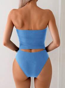 Swim Lushoire Women's Solid Color Elegant Versatile Bodycon Bandeau Tankini Swimsuit Set, Summer Beach