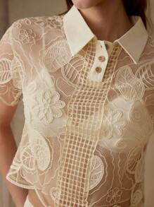 MOTF PREMIUM Transparente Bluse mit Besticktem Mesh-Polokragen ohne BH