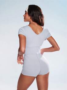 Eassivo Women's Fitted Cropped Jumpsuit With V-Neck, Short Sleeves And Waist Drawstring, Casual Athletic Yoga Wear