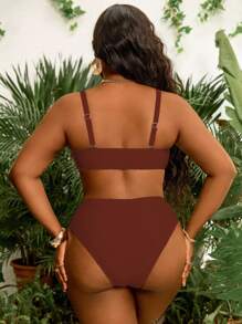 Slaydiva New Plus Size Women Bandeau Two Pieces Bikini Set, White Removable Strap Triangle Swimwear For Summer Beach Vacation - Brown - View 2
