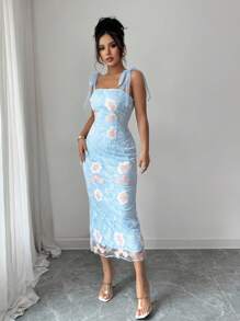 Rafferiza 女士刺绣网眼优雅下午茶日常外出迷你连衣裙，肩部收腰修身后开衩蓝色无袖中长连衣裙 - 藍色 - 查看 7