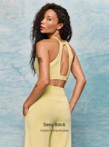 GLOWMODE FeatherFit™ More Glow Buttery-Soft Stretchy Sweat-Wicking Push-Up Removable Cups Keyhole Mesh Straps Halter Sports Bra Low Impact Yoga Pilates Barre Studio Daily Casual Wear