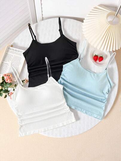 3pcs Teen Girl Ruched Design Sweet & Spicy Cami Top With Built-In Padded Bra, Teenager Girls Camisole Vest For Layering Back To School Fashion