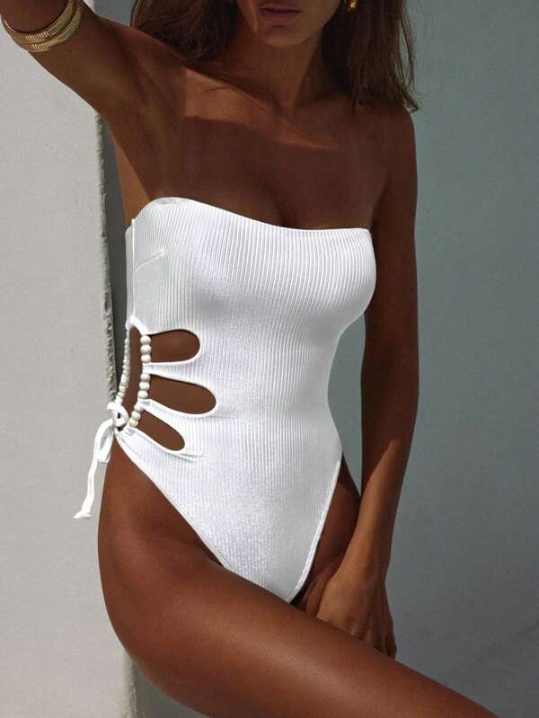 Swim Chiccia 1pc All White Elegant & Sexy Pearl Chain Hollow-Out Lace-Up Front One-Piece Swimsuit For Party