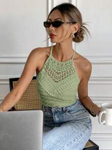 SHEIN Frenchy Women's Vacation Contrast Lace Fitted Halter Neck Camisole' Summer Green Green Christmas - Green - View 8