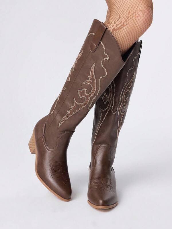 ROMWE Fairycore Brown Western Embroidery Slip-On Knee High Boots, Stylish Leather Sole, Suitable For Spring & Autumn