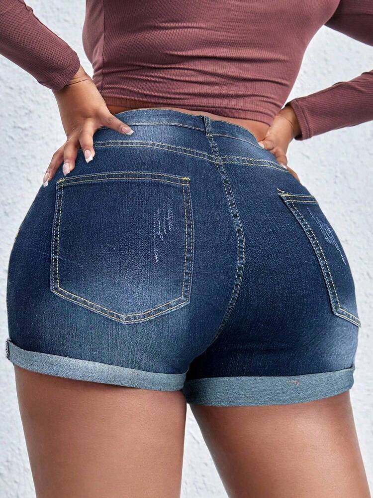 Plus Ripped Roll Up Hem Denim Shorts