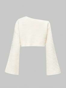 ROMWE J-Fashion Y2K标语英文爱心图形斜肩喇叭袖针织毛衣 - 杏色 - 查看 2