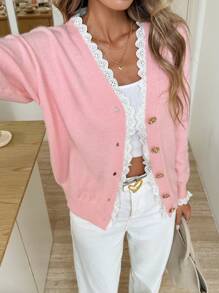 SHEIN LUNE Cardigan maglione casual da donna in colore tinta unita con inserti in pizzo, maniche lunghe