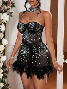 Slaydiva Bộ đồ liền thân đính hạt đá pha lê gợi cảm thanh lịch cao cấp ngày lễ tình nhân 2024 thời trang mới cho nữ - màu đen - Xem 3