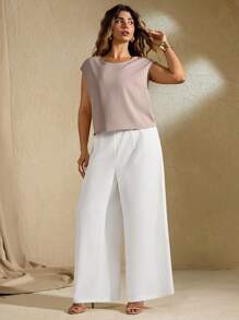 Flirla Conjunto de 2 piezas para mujer talla grande: Blusa de tejido sin mangas + Pantalones de pierna ancha, de alta gama, elegante, romántico, elegante - Rosa vieja - Ver 4