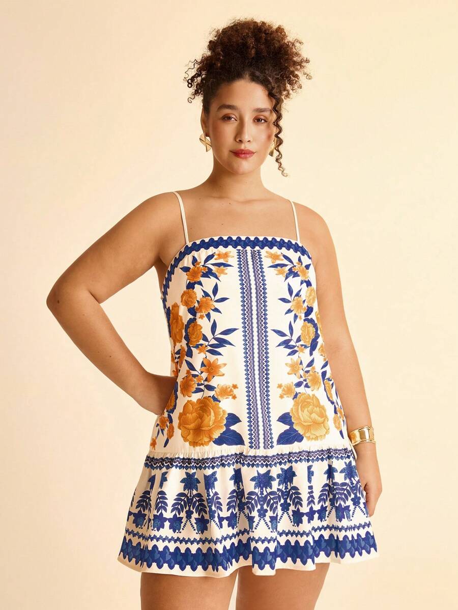 CAJUNI 大码女式波西米亚风热带蓝黄花卉印花细肩带露背系带休闲迷你沙滩夏装 - 彩色 - 查看 1