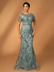 Serin Elegante y lujoso vestido con mangas transparentes, diseño floral bordado con encaje y cuentas de lentejuelas, adecuado para bodas, despedida de soltera, fiestas, banquetes, luna de miel