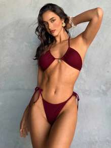 Aloruh Women's New Textured Fabric Bikini Swimsuit Set, Mini Triangle Cup 2-Piece Swimwear With Shell Decoration, Beach & Resort Wear